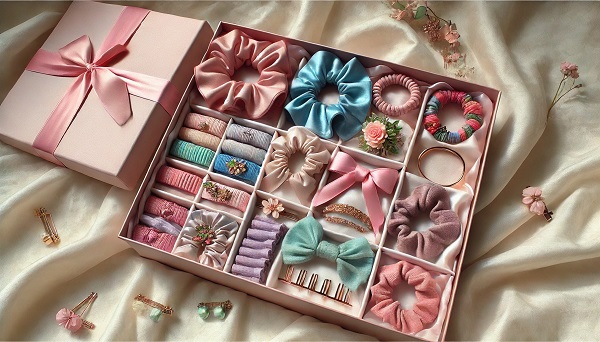 DALL·E 2025-03-03 16.50.54 - A high-quality horizontal image of a beautifully arranged gift box filled with various hair accessories. The box contains silk scrunchies_ colorful he