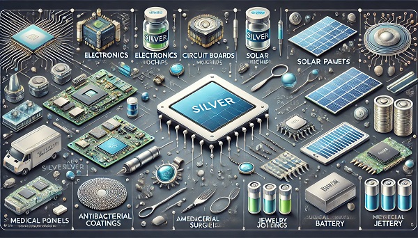 DALL·E 2025-03-15 14.12.04 - A high-quality horizontal infographic illustrating the various industrial applications of silver. The image includes labeled sections showing silver u