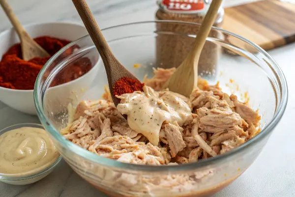 Mixing-shredded-chicken-with-French-dressing-mayonnaise-red-pepper-and-paprika