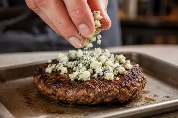 pouring-blue-cheese-over-cooked-burger