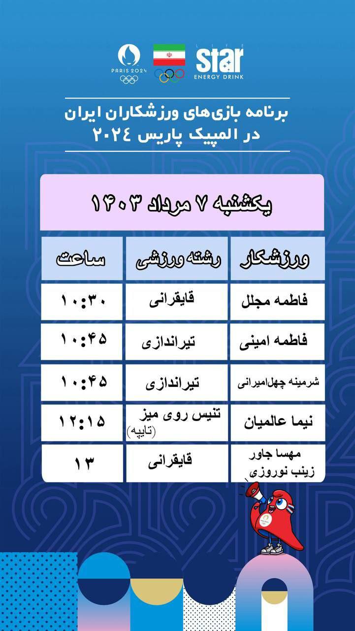 برنامه ورزشکاران ایرانی در روز دوم مسابقات المپیک 