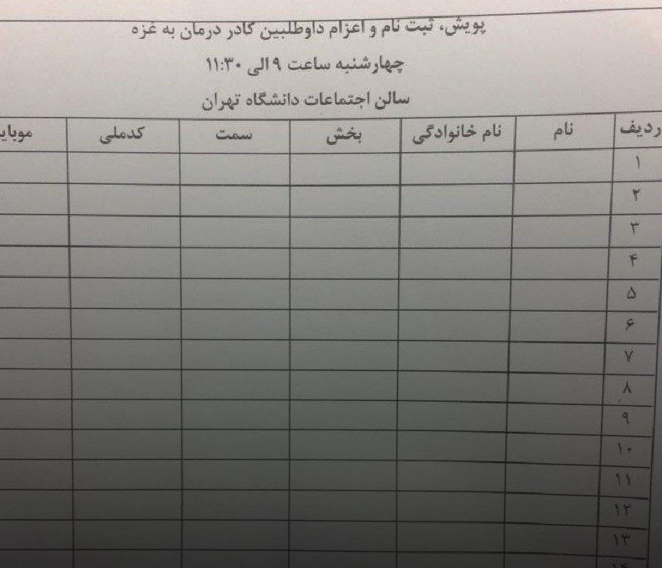 انتشار فُرم خبرساز در بیمارستان‌ها برای اعزام به غزه 