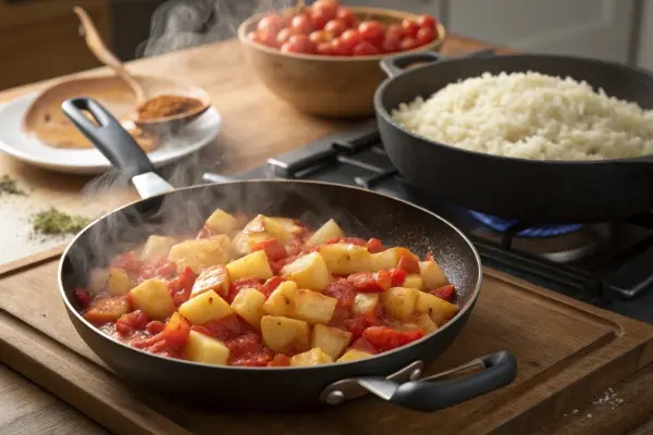 frying-pan-with-diced-potatoes-coated-in-tomato-mi