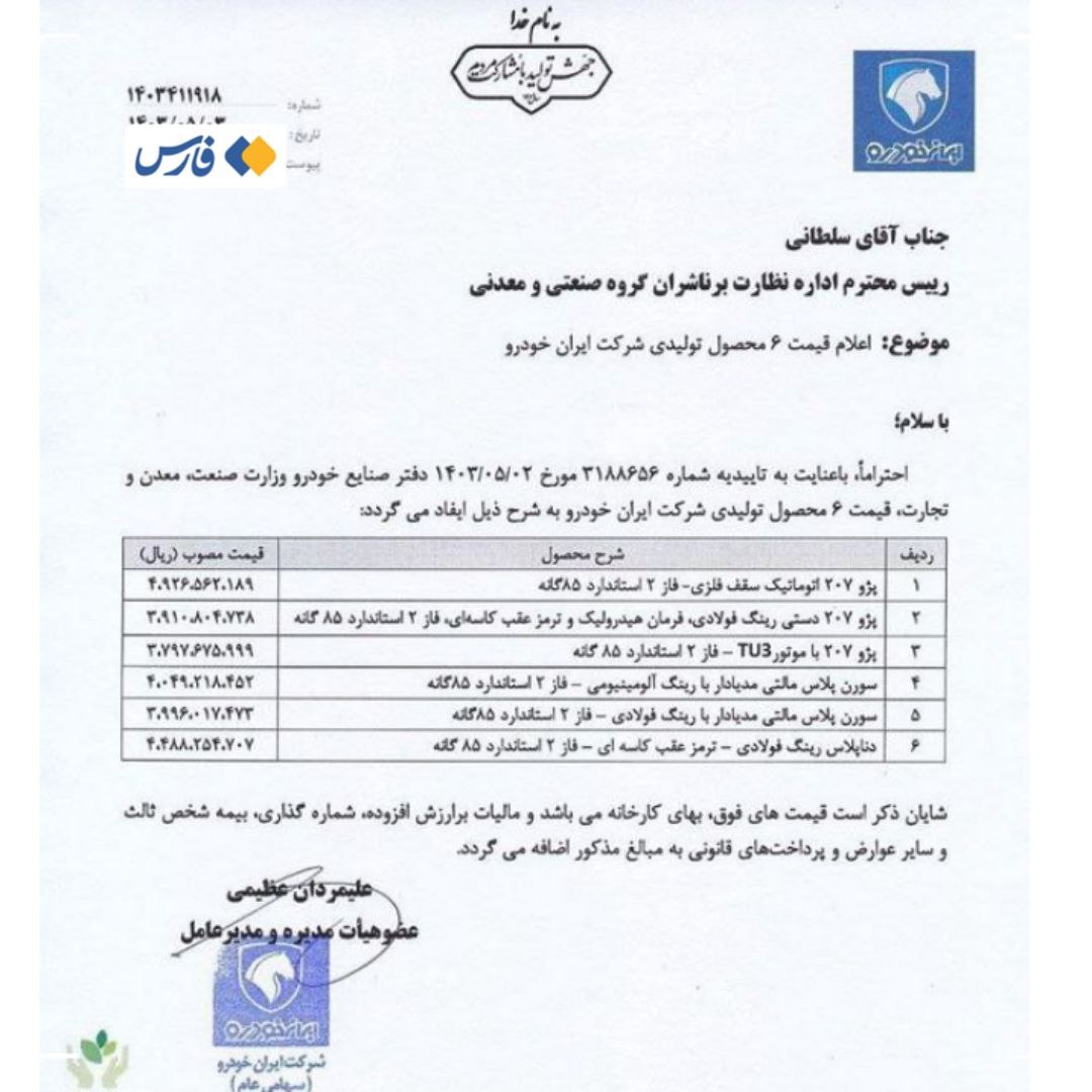 افزایش قیمت ۶ محصول ایران خودرو+ سند