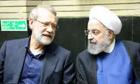 خوش و بش حسن روحانی و علی لاریجانی در یک مراسم ختم