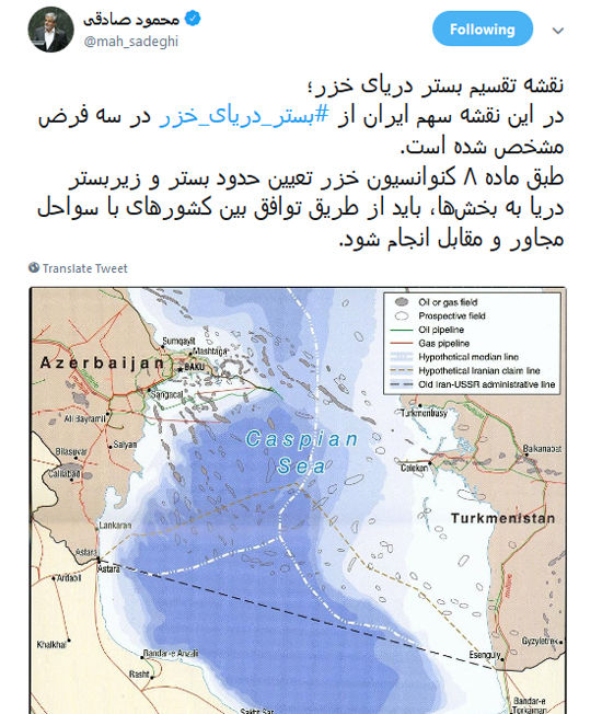 رونمایی صادقی از نقشه احتمالی دریای خزر