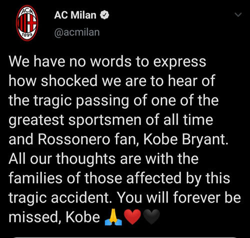 واکنش توئیتری باشگاه میلان به درگذشت برایانت