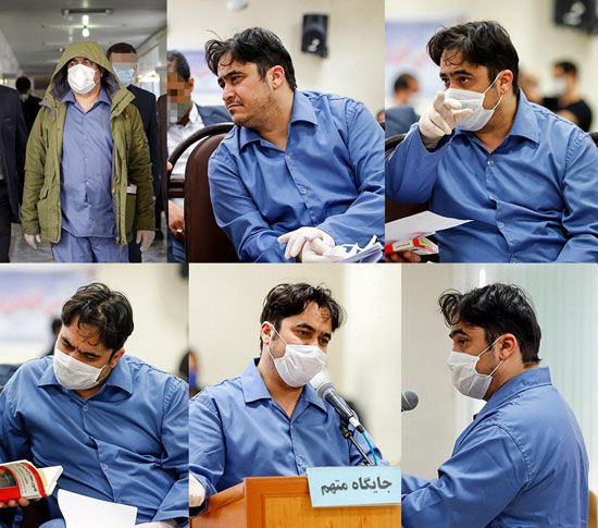 روح‌الله زم با ماسک و دستکش در دادگاه