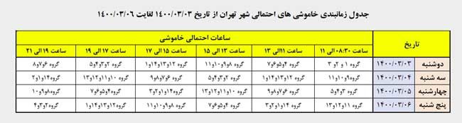 جدول قطع برق در مناطق مختلف تهران