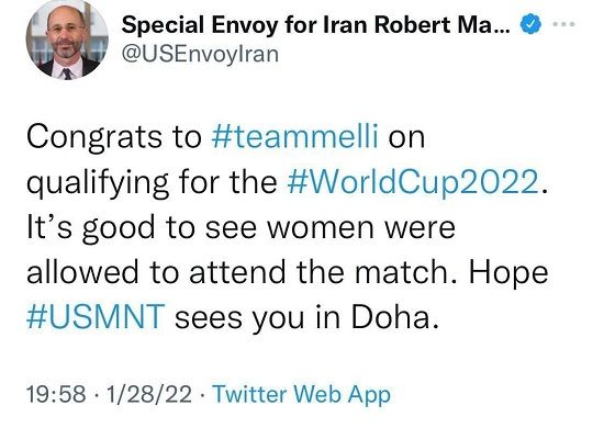 رابرت مالی صعود ایران به جام جهانی را تبریک گفت