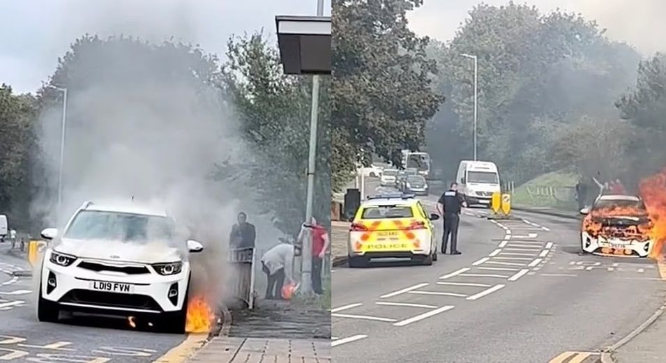 خودروی کیا در حال حرکت در جاده آتش گرفت!