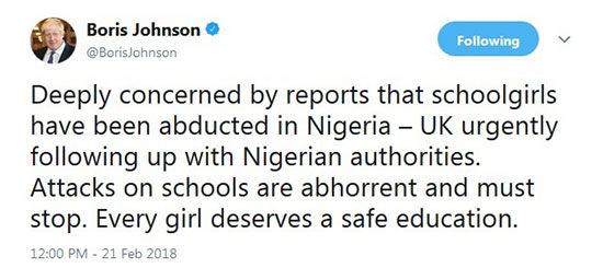واکنش جانسون به ربودن ۱۱۱ دختر توسط بوکوحرام