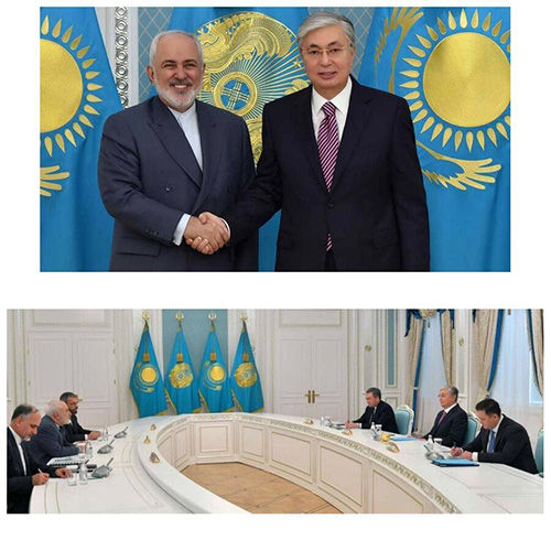 ظریف و رئیس‌جمهور قزاقستان دست دادند