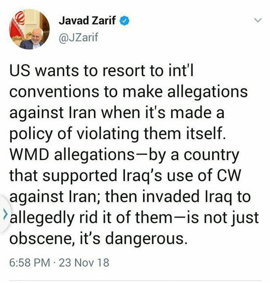 واکنش ظریف به اتهام شیمیایی آمریکا علیه ایران
