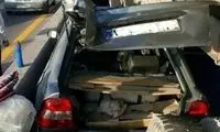 پراید بین چرخ‌های تریلی پِرس شد!