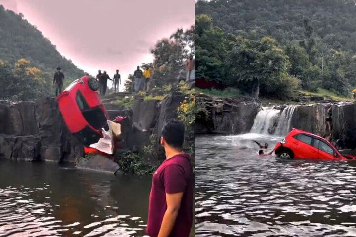 سقوط وحشتناک یک پدر و دختر با خودرو داخل آبشار!
