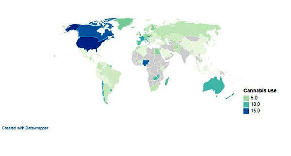 میزان مصرف ماری‌جوآنا در سراسر جهان روی نقشه