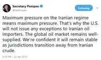 پمپئو: بازار نفت بدون ایران باثبات می‌ماند