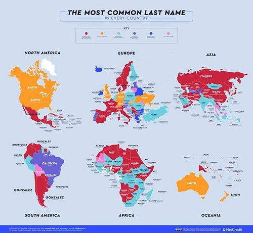 بیشترین نام‌های خانوادگی در کشور‌های جهان