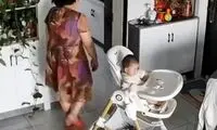 لحظاتی دلهره‌آور از آویزان شدن خطرناک یک نوزاد از صندلی غذا