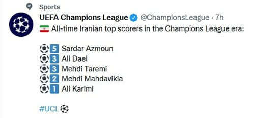 سردار آزمون، بهترین گلزن ایرانی UCL
