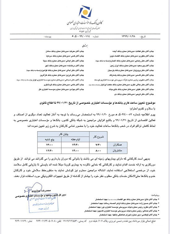 ساعت کار جدید بانک‌ها و موسسات خصوصی