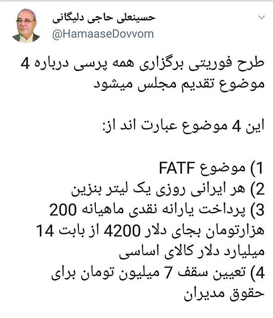 طرح حاجی دلیگانی؛ برگزاری رفراندوم برای FATF