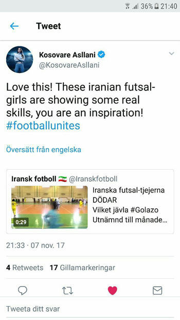 تمجید بازیکن تیم ملی سوئد از ملی‌پوش زن ایرانی