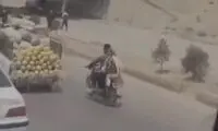 خربزه دزدیِ زن و شوهرِ موتورسوار از یک وانتی!