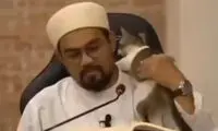 شیطنت یک گربه بازیگوش روی گردن یک واعظ حین سخنرانی