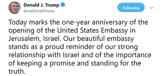 توئیت ترامپ در سالگرد انتقال سفارت آمریکا به بیت‌المقدس