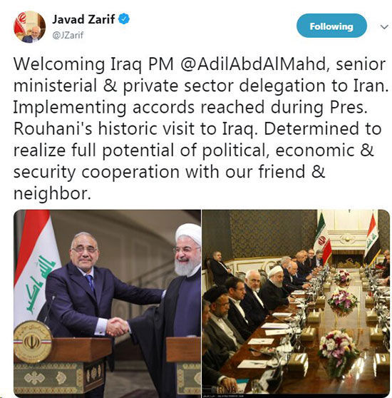 توییت ظریف در مورد سفر عبدالمهدی به تهران
