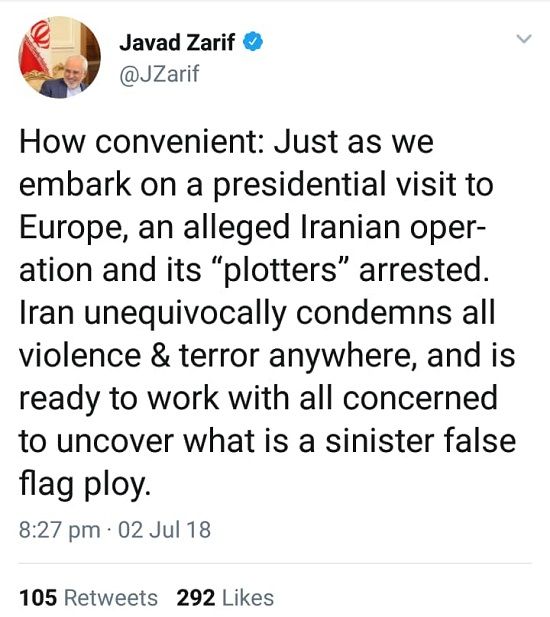 واکنش ظریف به دستگیری دیپلمات ایرانی در آلمان