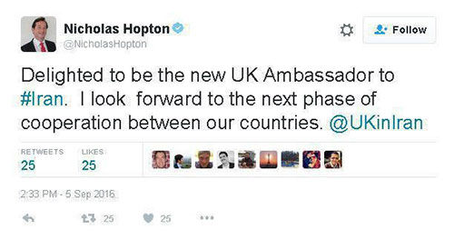 اولین توئیت سفیر جدید انگلیس در تهران