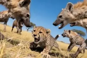 حمله کفتار به توله پلنگ روی درخت