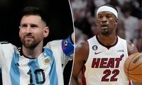 لیونل مسی در کنار جیمی باتلر، ستاره بسکتبال NBA